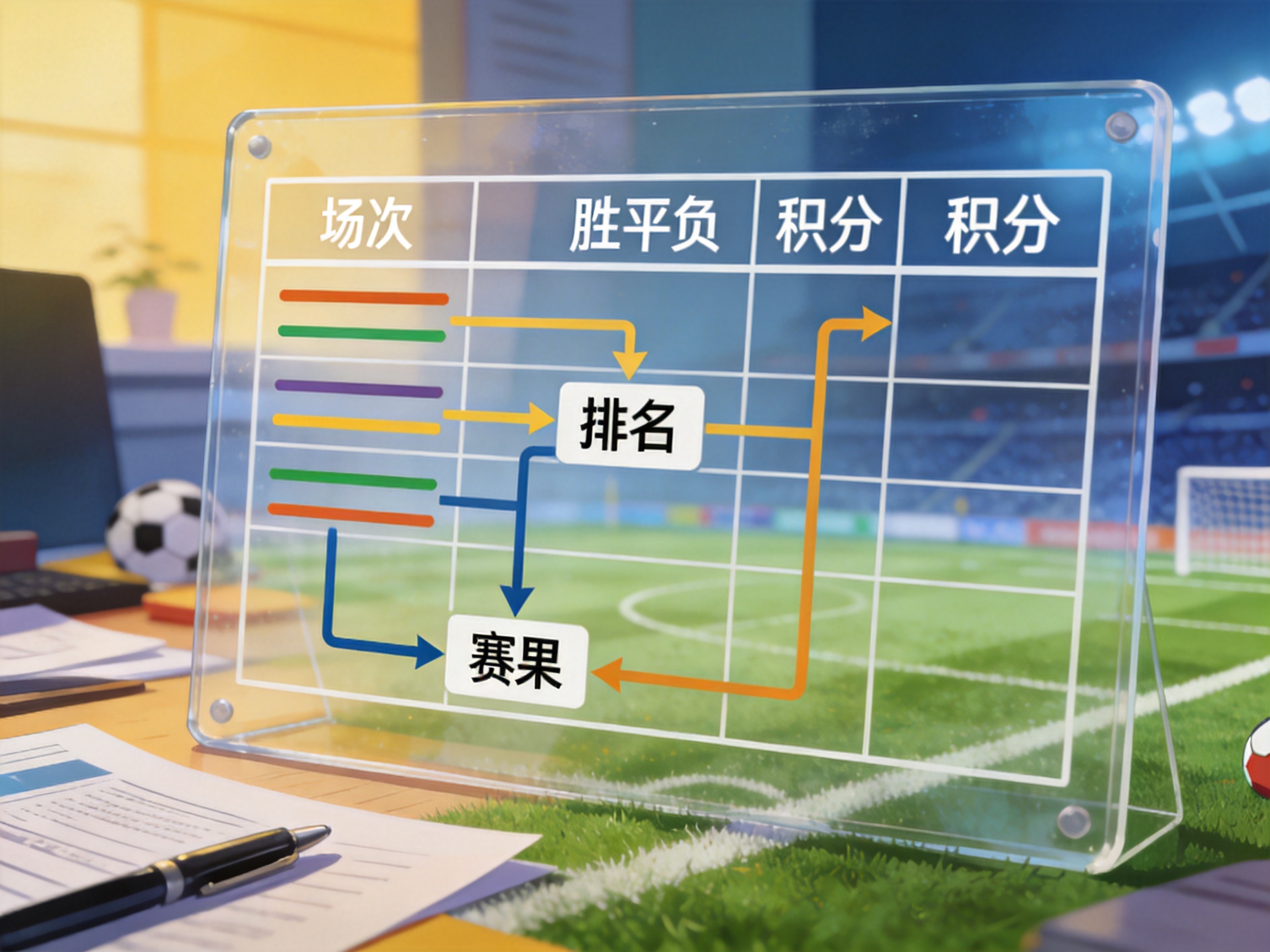 联赛积分排名表格结构示意图，包含场次、胜平负与积分等列